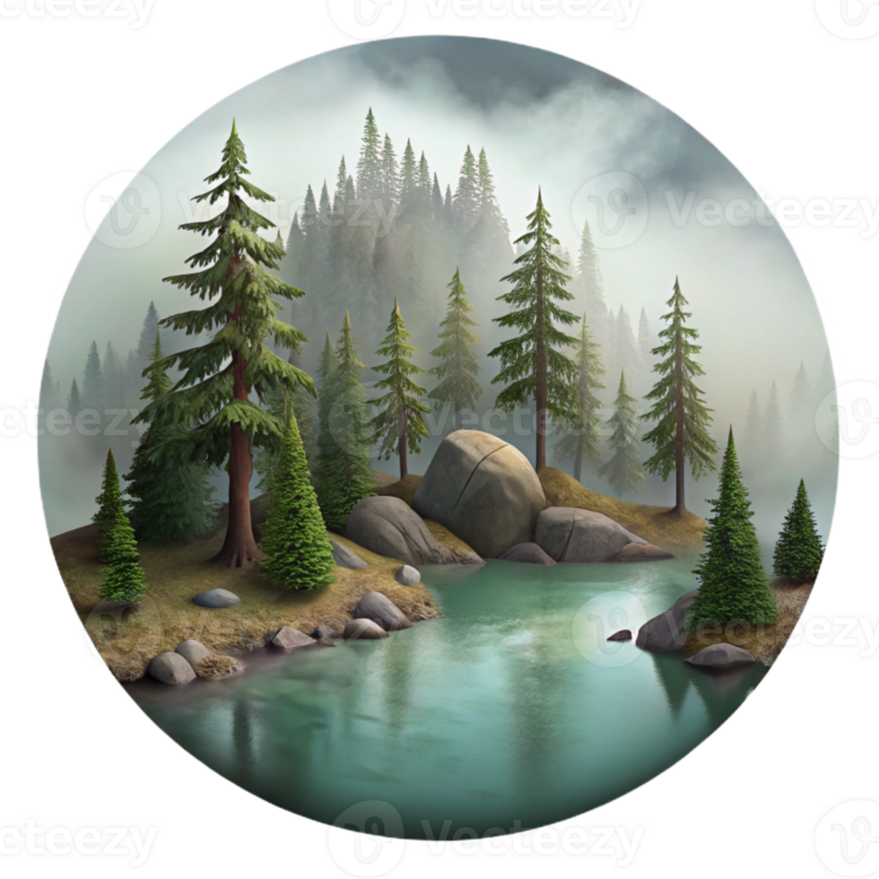 serene traditional Misty Forest Lake Scenery with Transparent Background detailed png