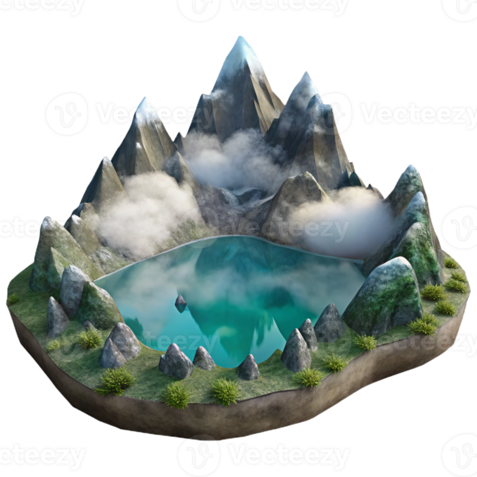 beautiful minimalist Misty Mountain Lake Cutout on Transparent Background authentic png