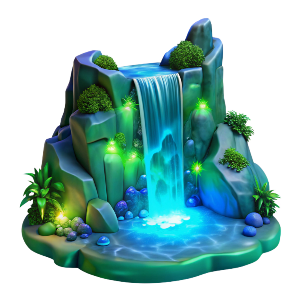 serene contemporary Mystical Forest Waterfall with Blue Green Luminescence Transparent Background exclusive png