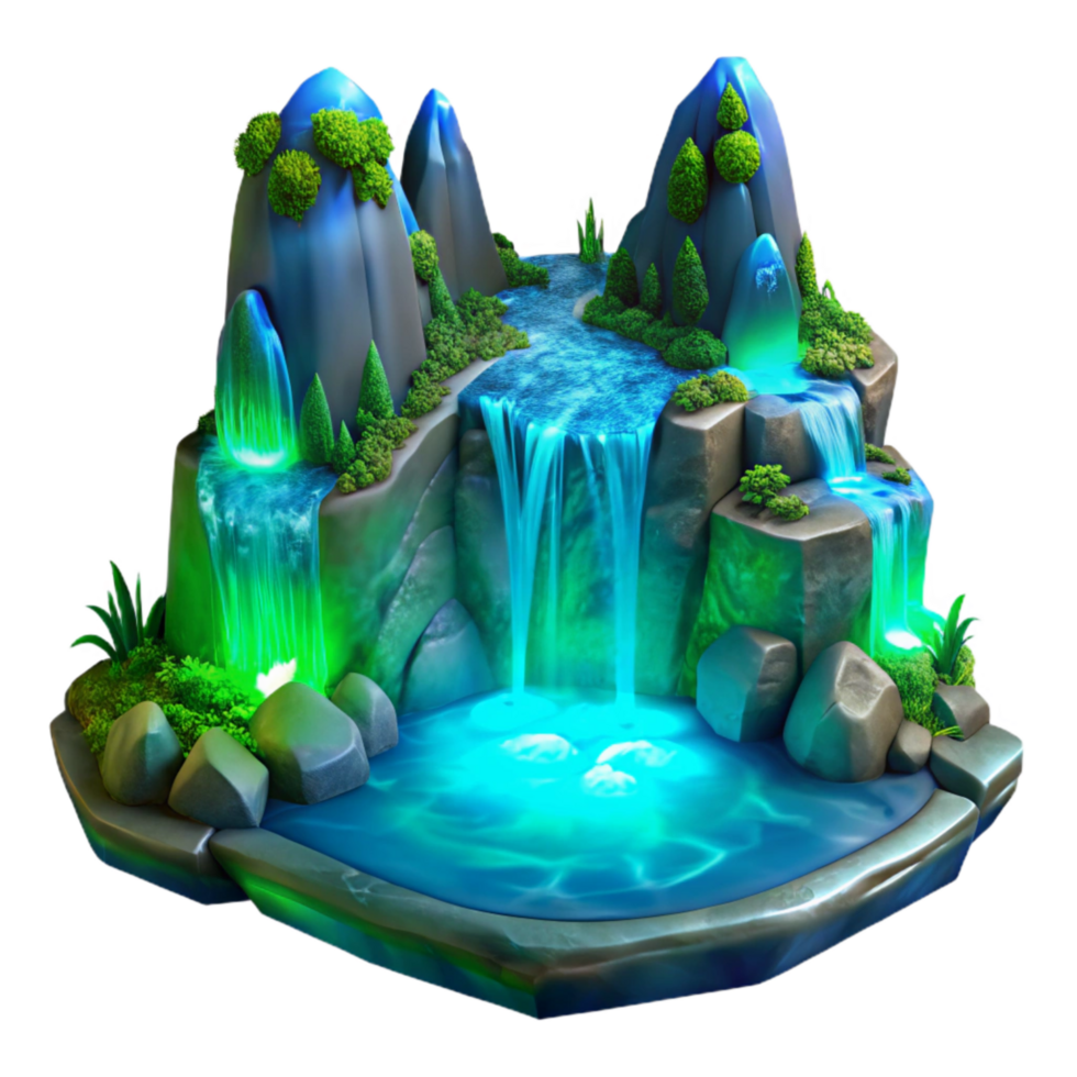 dramatic rustic Mystical Forest Waterfall with Blue Green Luminescence Transparent Background high quality png