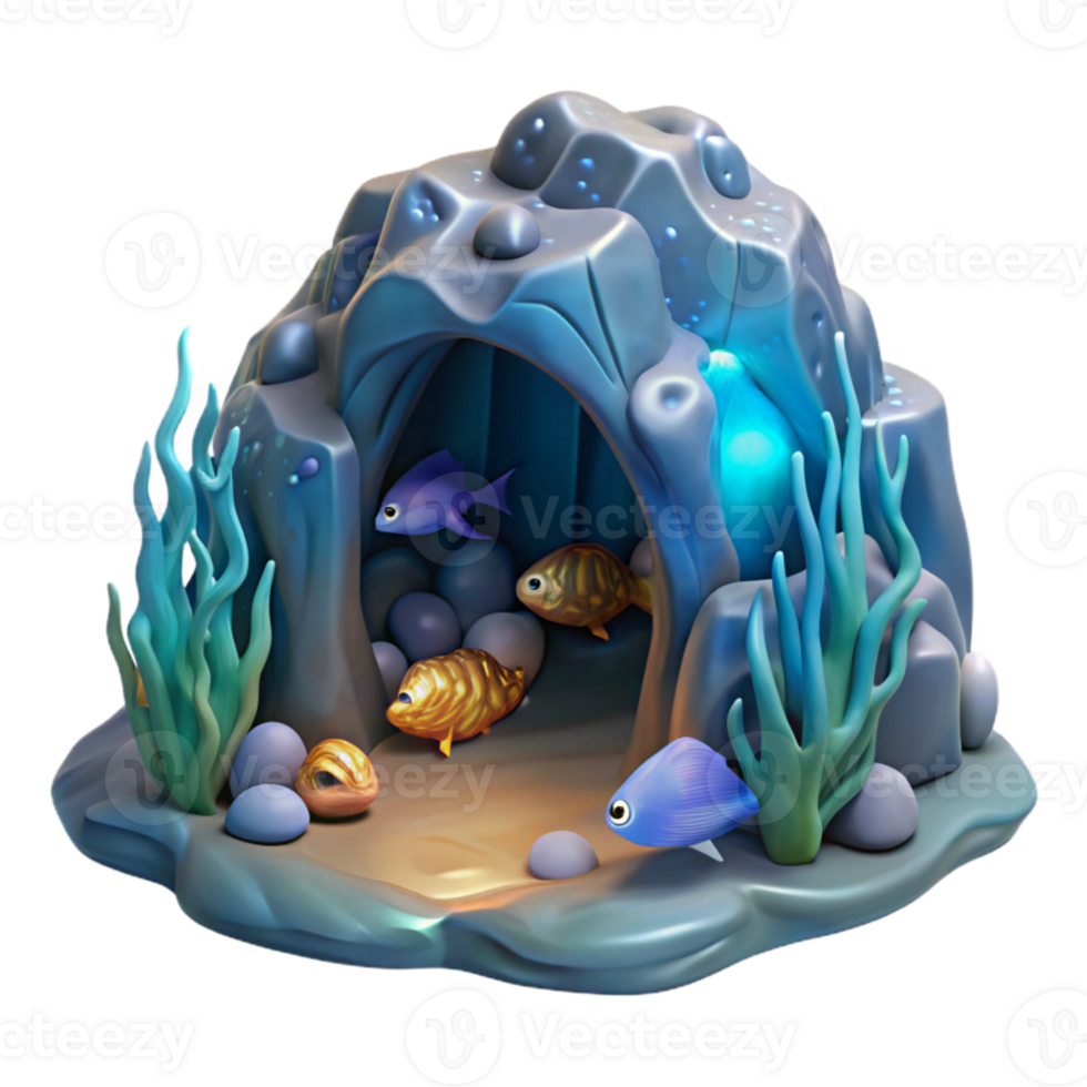 elegant creative Ocean Cave Bioluminescence Transparent Background Cutout with Fish genuine png