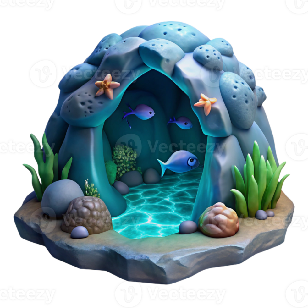 magnificent traditional Ocean Cave Bioluminescence Transparent Background Cutout with Fish high resolution png