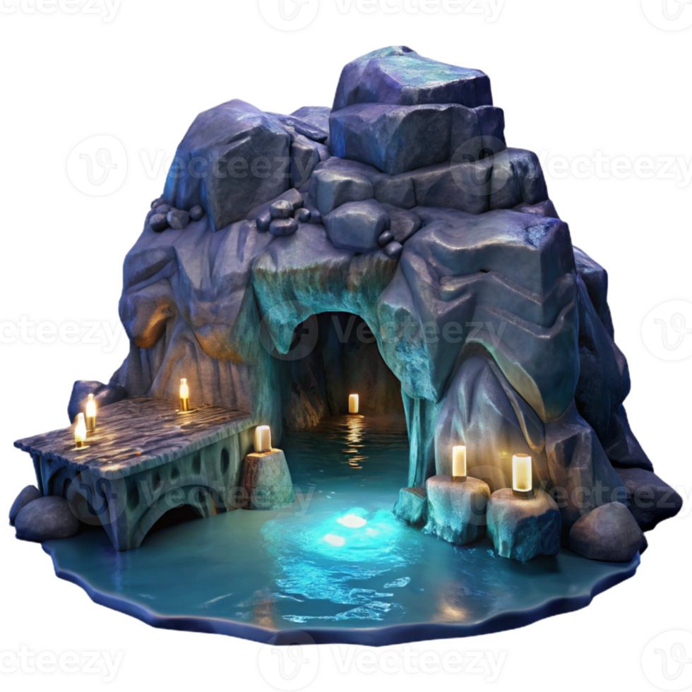 serene vintage Ocean Cliff Cavern Transparent Background Night Scene exclusive png