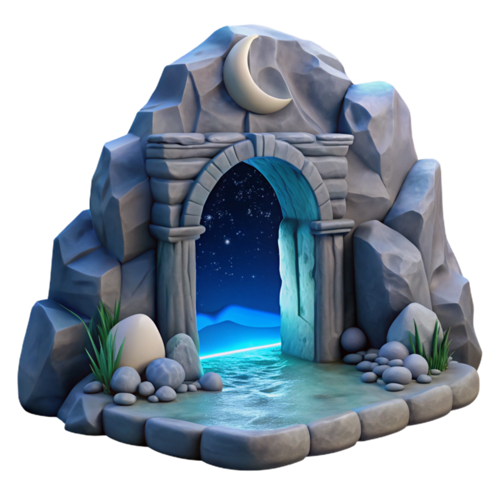 dramatic abstract Ocean Cliff Grotto Entrance Cutout Moonlit Scene professional png