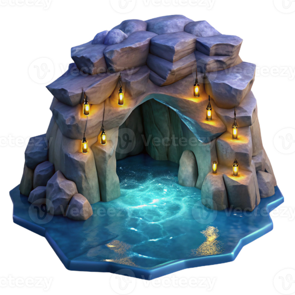 beautiful classic Ocean Cliff Grotto at Night with Transparent Background authentic png
