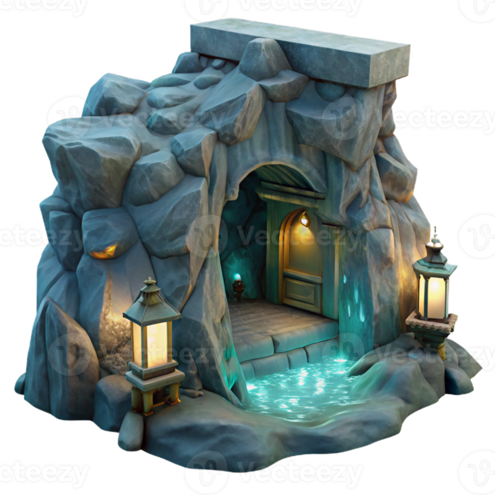elegant traditional Ocean Cliff Grotto at Night with Transparent Background original png