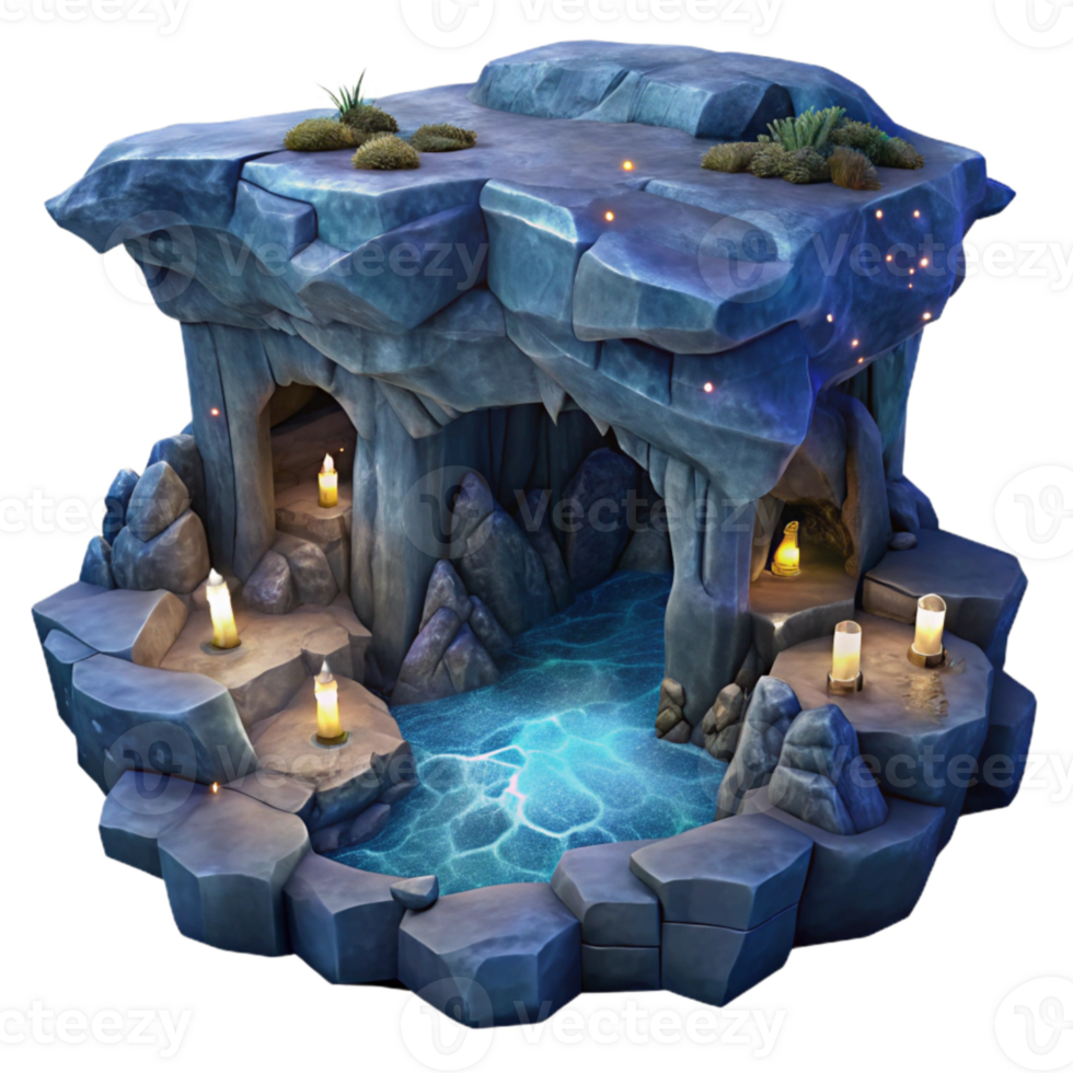 serene artistic Ocean Cliff Cavern Transparent Background Night Scene authentic png