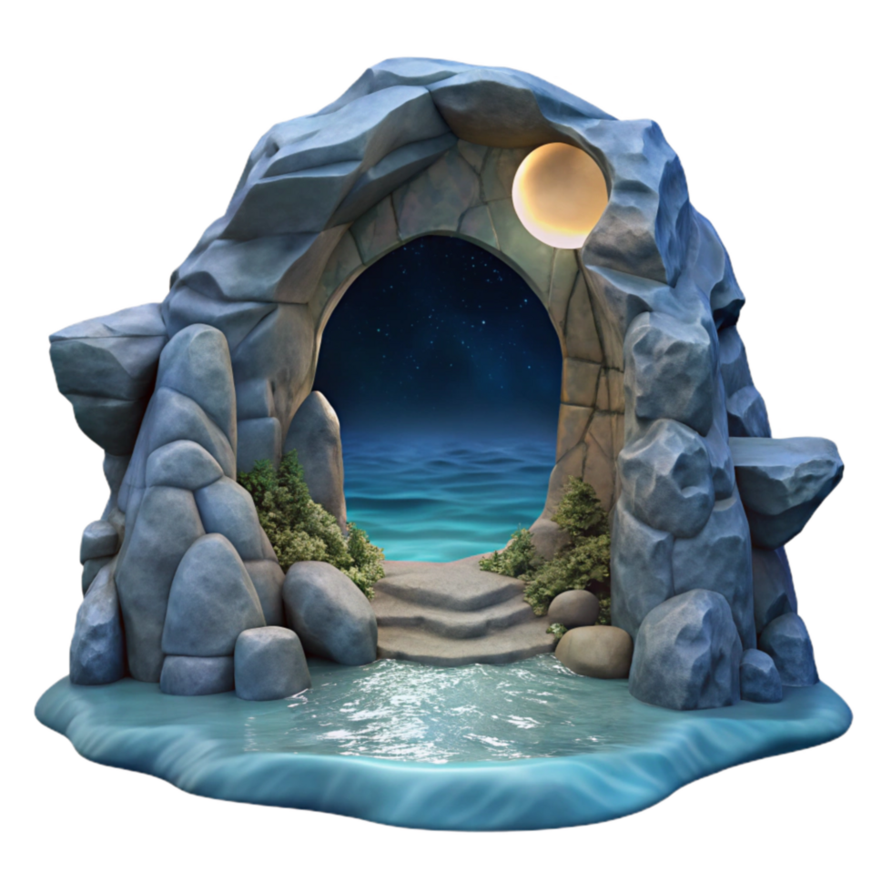vibrant rustic Ocean Cliff Grotto Cutout Moonlit Entrance View genuine png