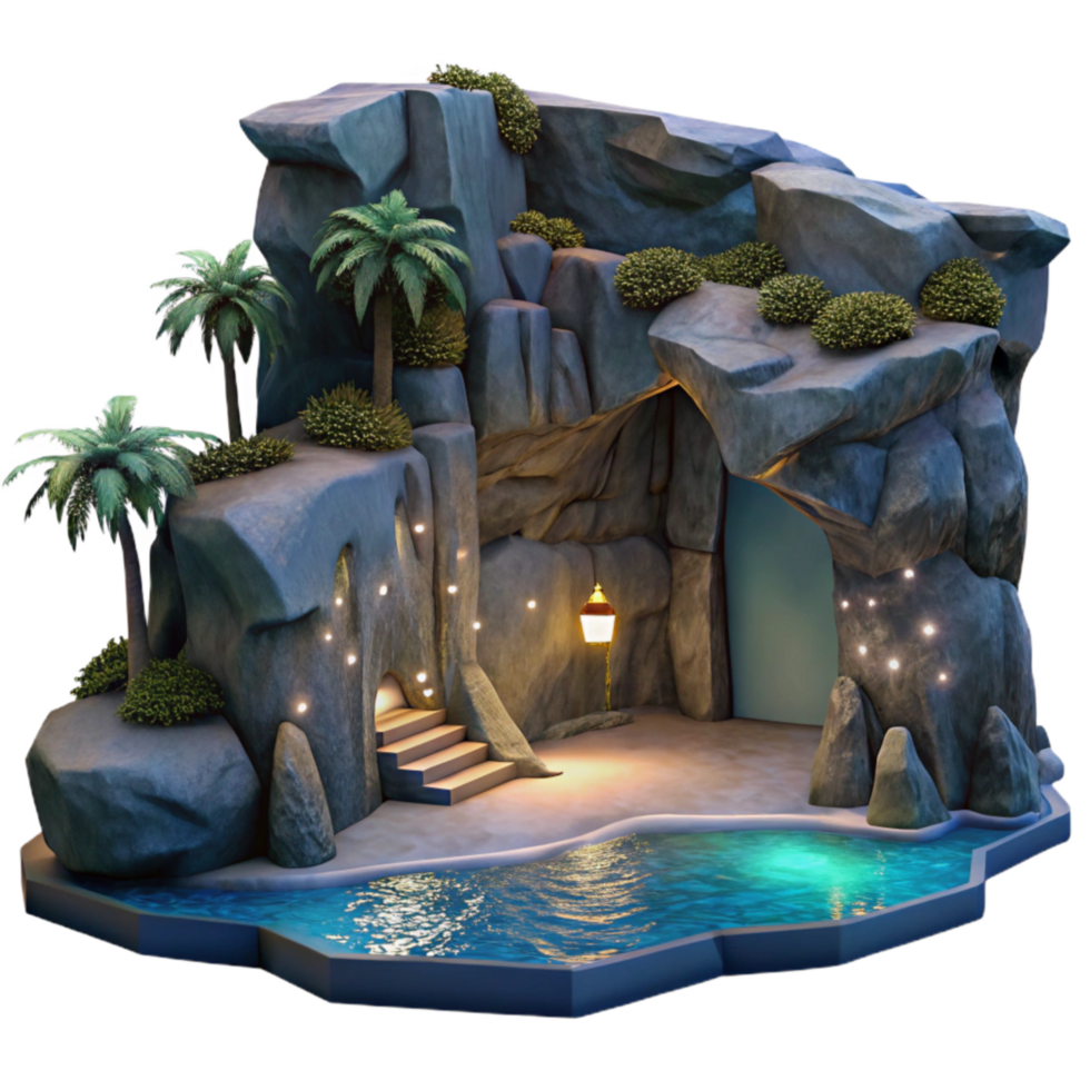 magnificent creative Ocean Cliff Grotto Cutout Moonlit Entrance View png