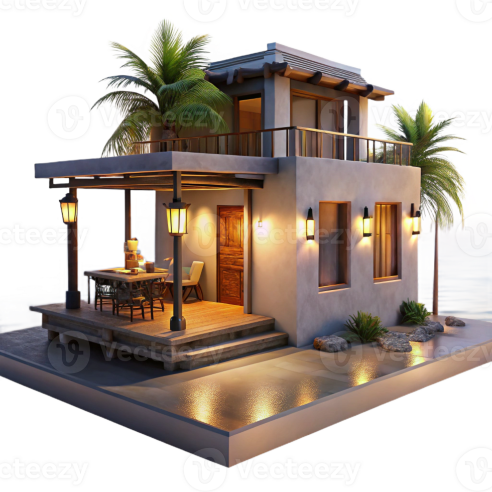 beautiful vintage Oceanfront Sundowner Villa Transparent Background Dusk Light authentic png