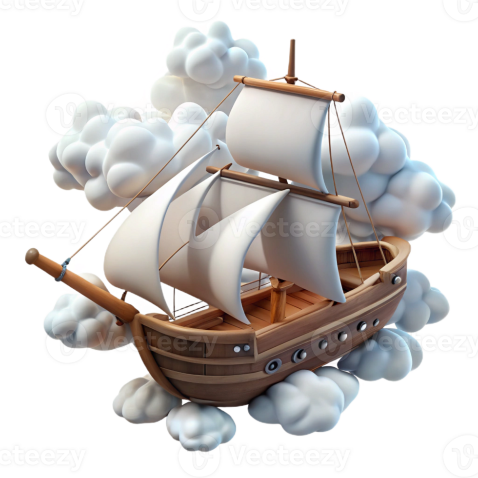 elegant rustic Ocean Schooner Isolated Whispy Clouds Overhead professional png