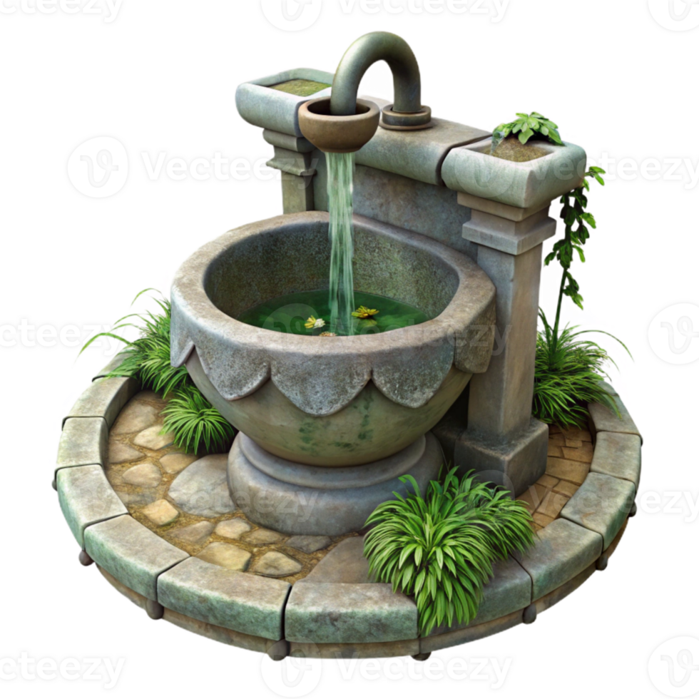 wonderful modern Old Water Fountain with Moss and Plants Cutout premium png