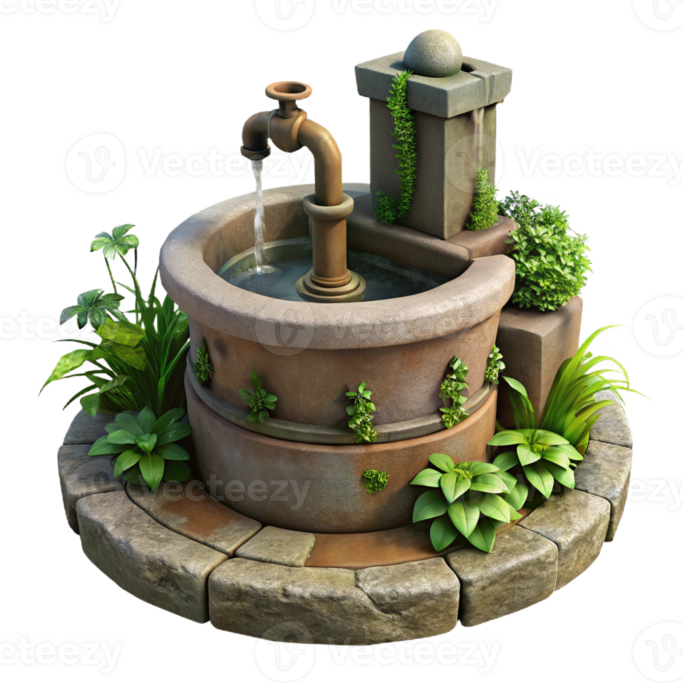 extraordinary rustic Old Water Fountain with Moss and Plants Cutout premium png