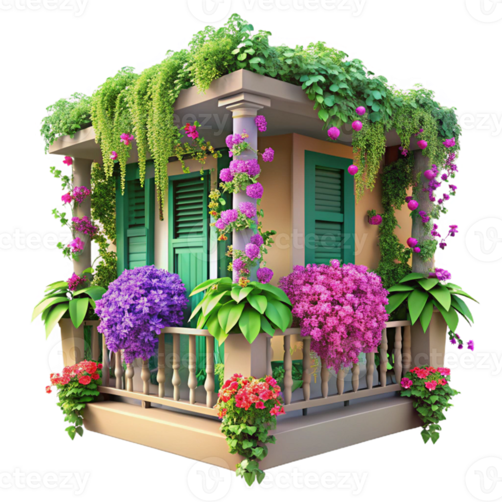 elegant artistic Overgrown Balcony with Flowers Cutout Vibrant Colors original png