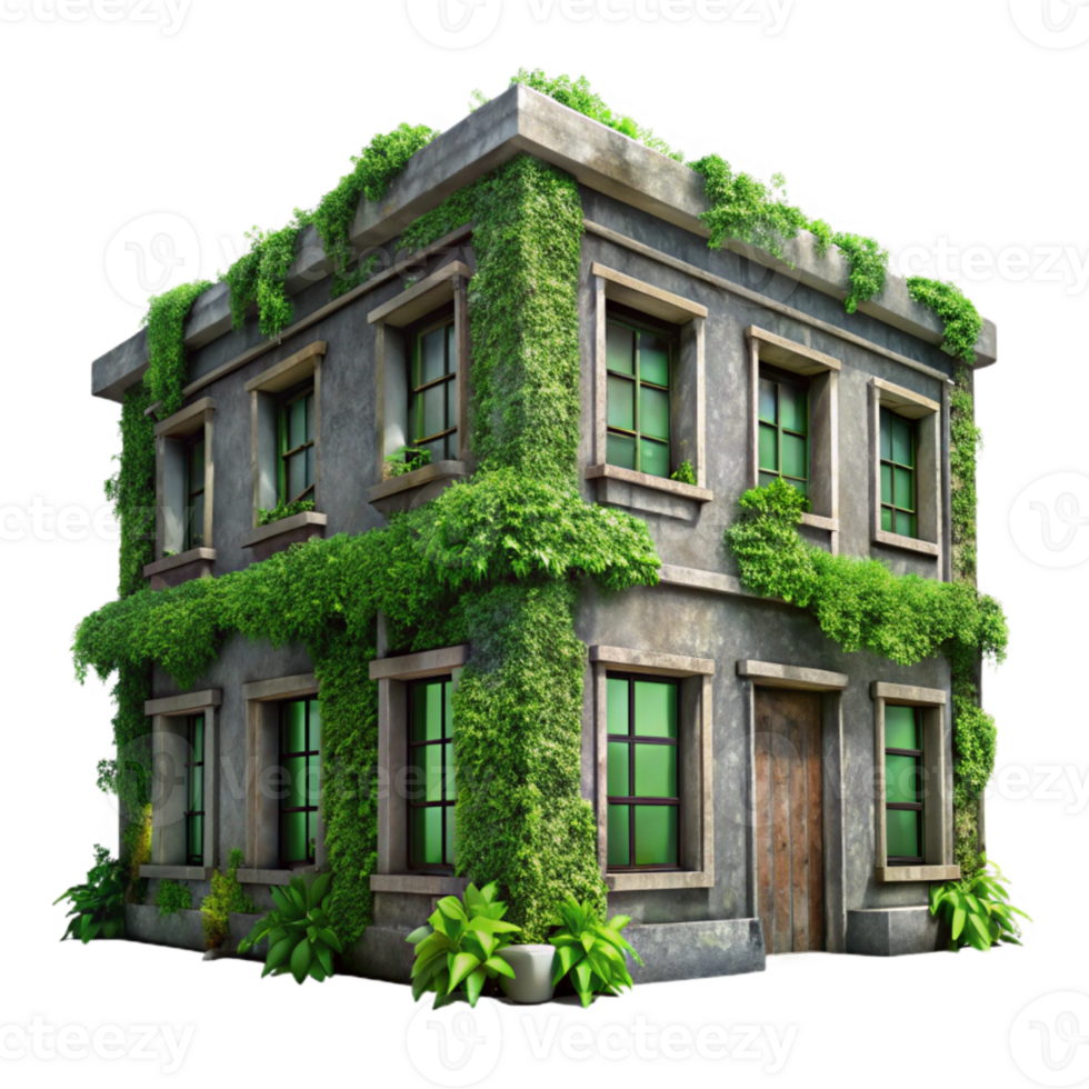 beautiful traditional Overgrown Building Facade Transparent Background Green Palette exclusive png