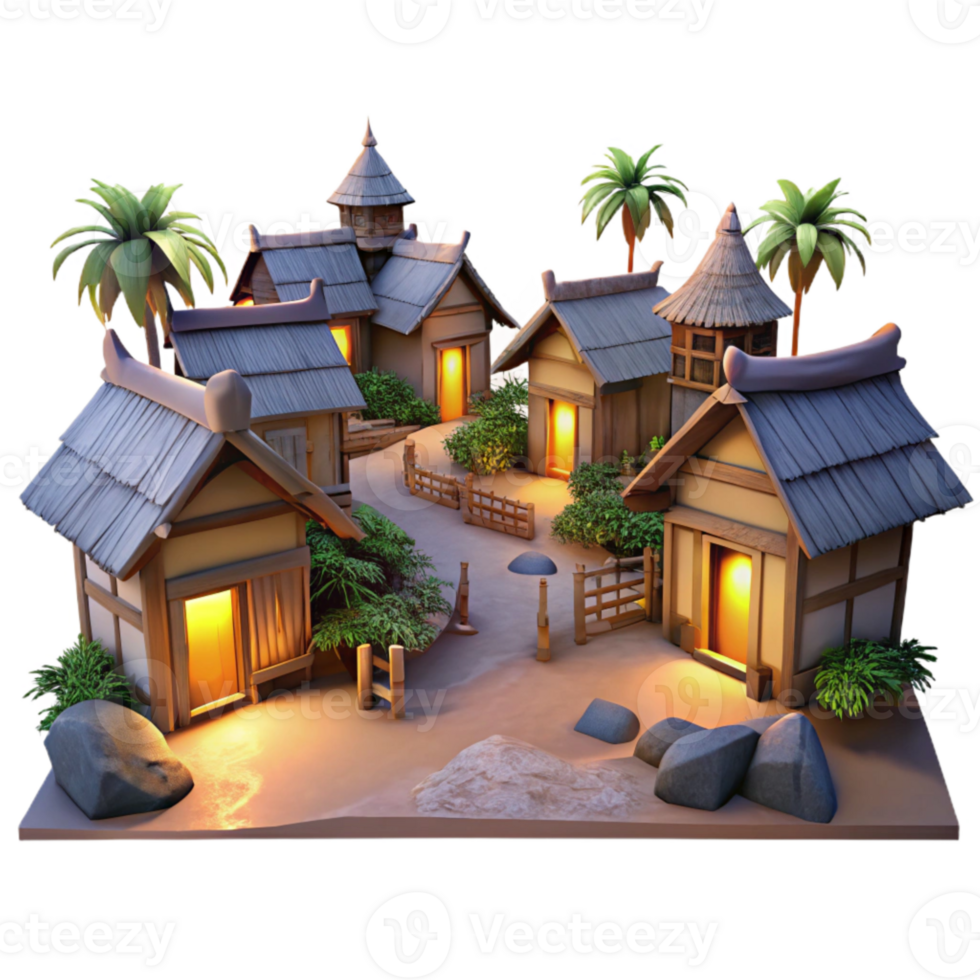 vibrant rustic Picturesque Village at Dusk Isolated Warm Lighting high resolution png