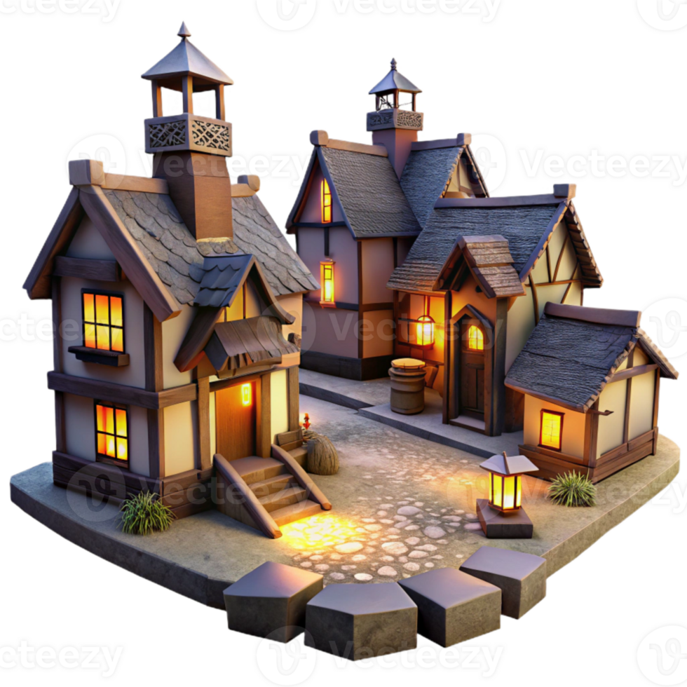 dramatic vintage Picturesque Village at Dusk Isolated Warm Lighting high quality png