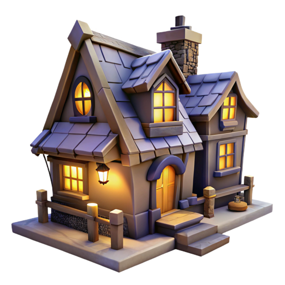 beautiful traditional Quaint Village with Lit Windows Isolated Night Scene premium png