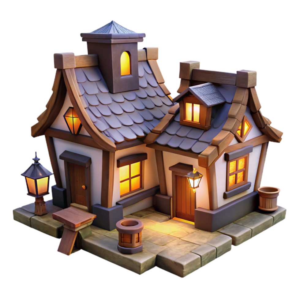 extraordinary rustic Quaint Village with Lit Windows Isolated Night Scene high resolution png