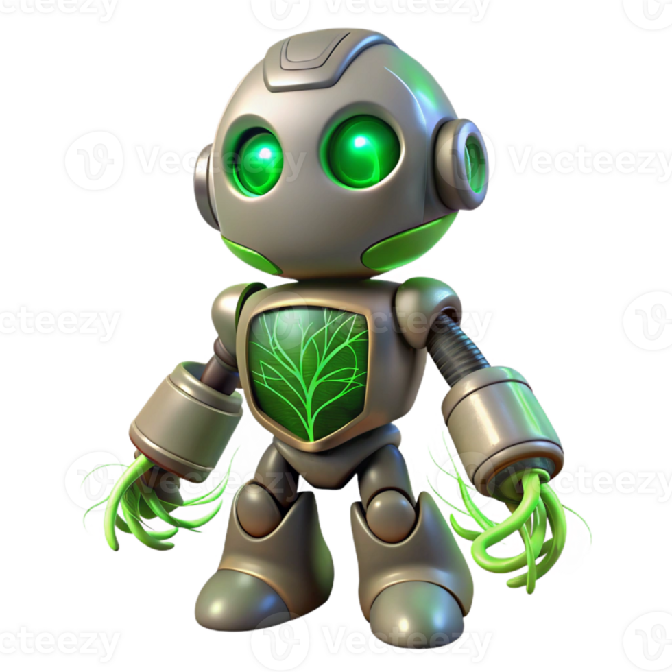 serene vintage Robot with Glowing Green Roots Isolated Element genuine png