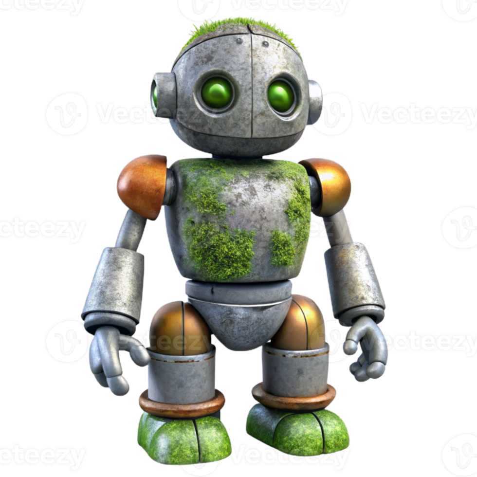 elegant minimalist Robot with Moss and Metal Texture Cutout premium png
