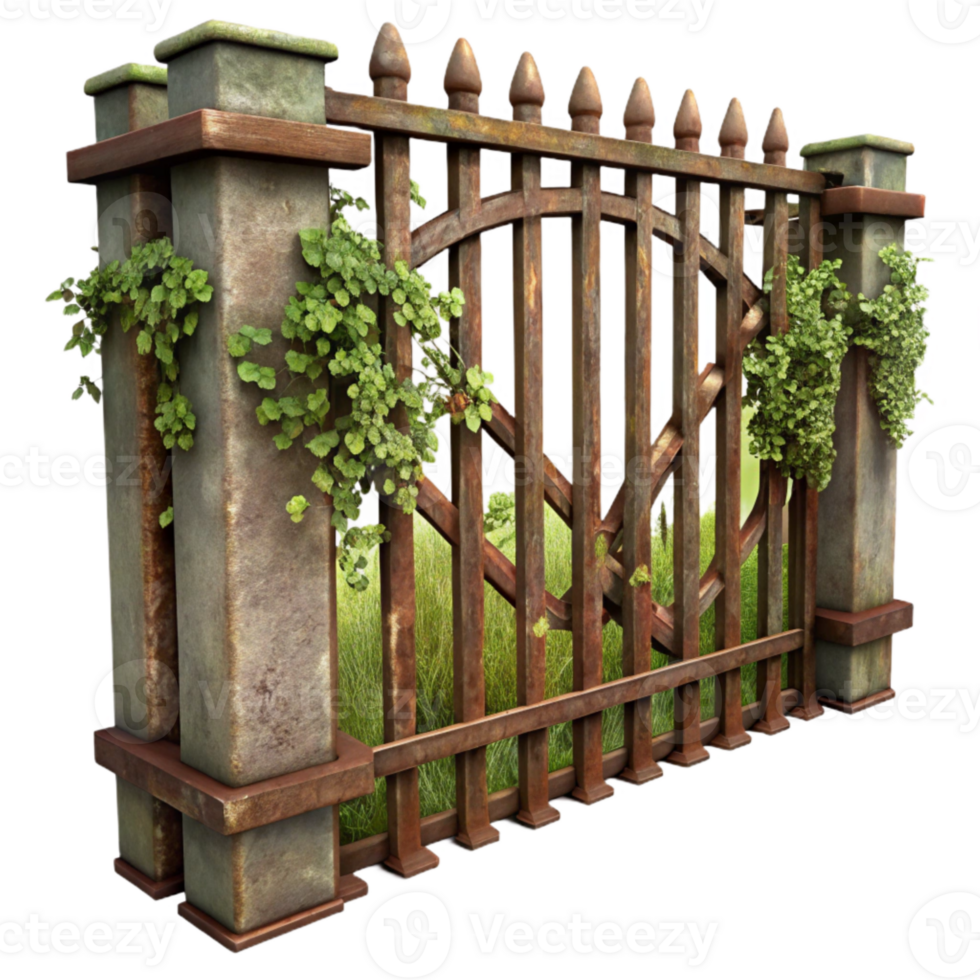 stunning creative Rusty Metal Fence with Vines Transparent Background Vintage Look authentic png