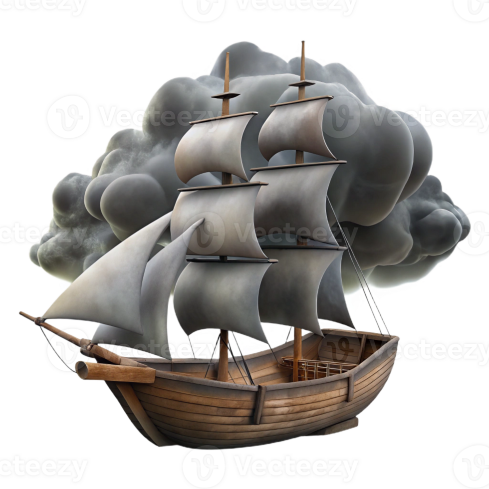 elegant minimalist Schooner Silhouetted Isolated Stormy Cloudy Sky detailed png