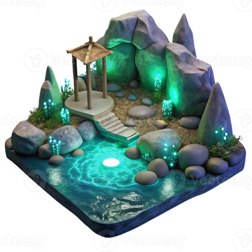 vibrant classic Secluded Cove Glowing Algae Isolated Night View high quality png