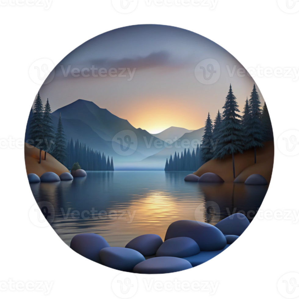 serene contemporary Silhouette Lake Landscape at Dusk Isolated premium png