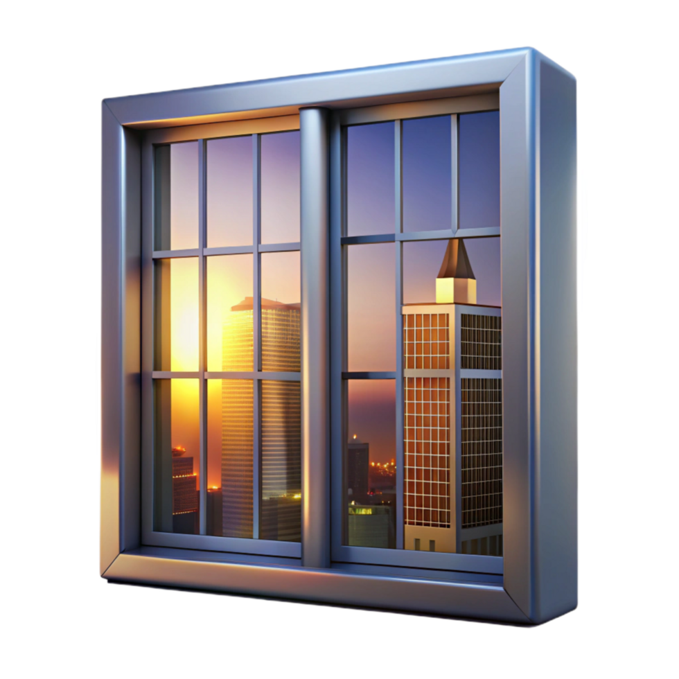 stunning rustic Skyscraper Window at Twilight Isolated with City View Reflection high quality png