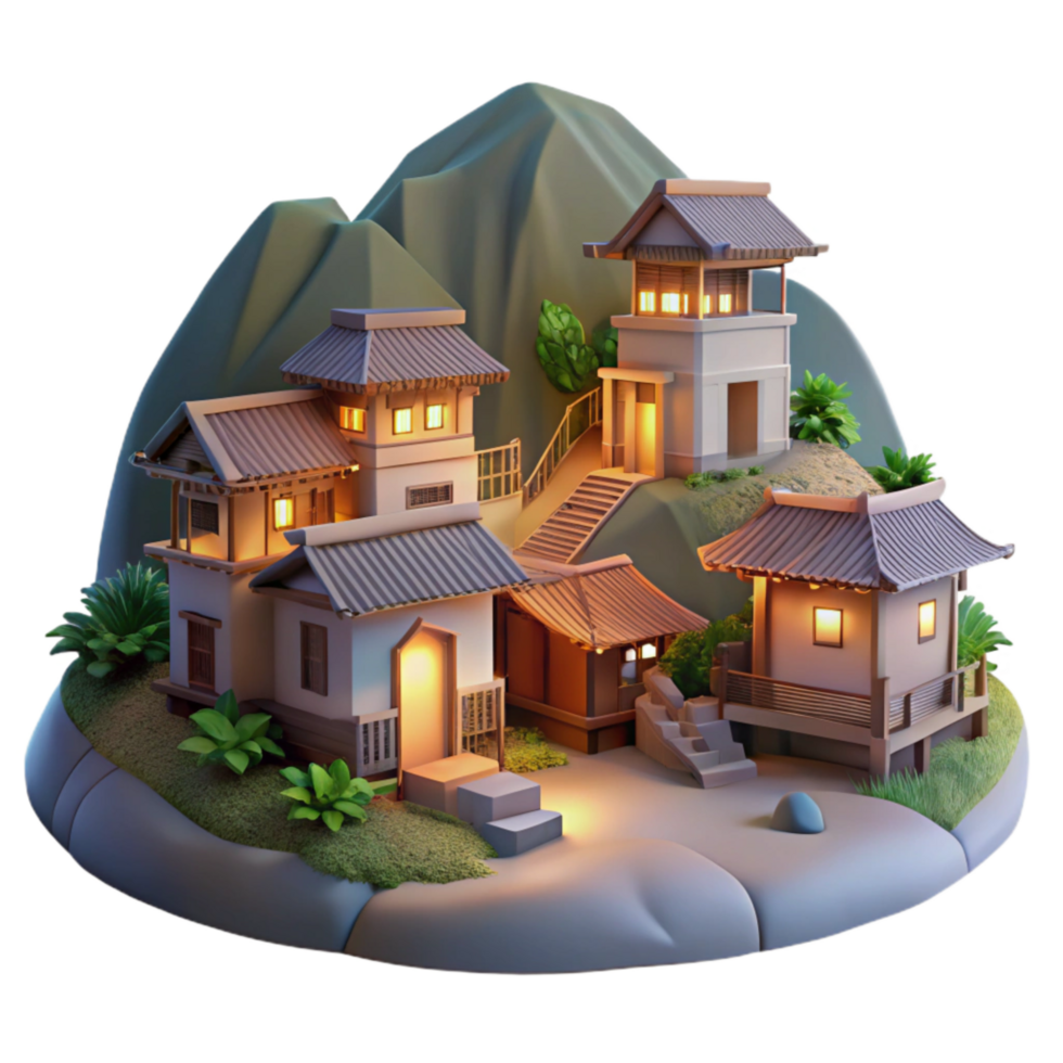 serene traditional Softly Lit Hillside Homes Cutout Vespera Village Isolated genuine png