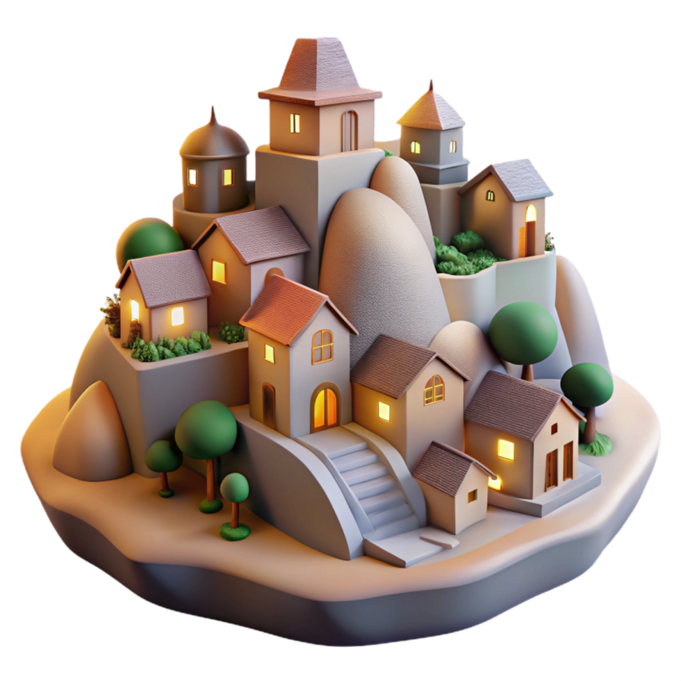 magnificent minimalist Softly Lit Hillside Town Isolated on Transparent authentic png