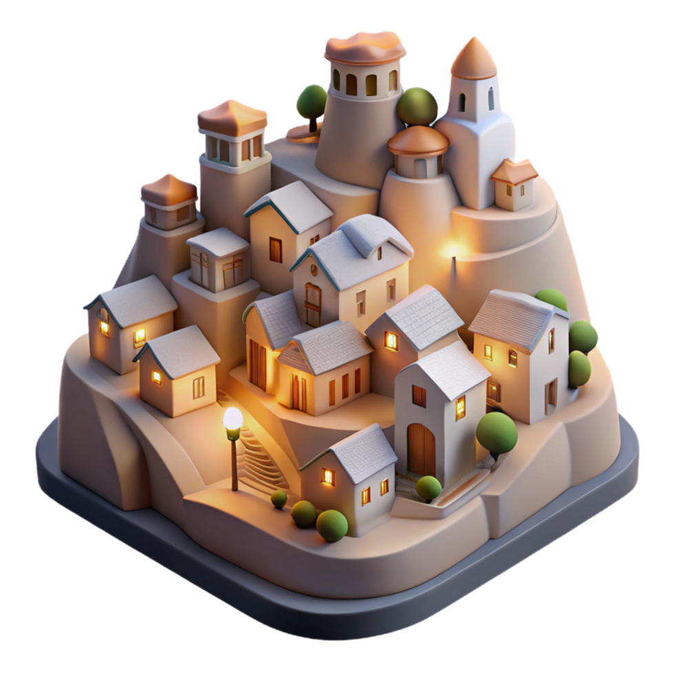 wonderful classic Softly Lit Hillside Town Isolated on Transparent authentic png