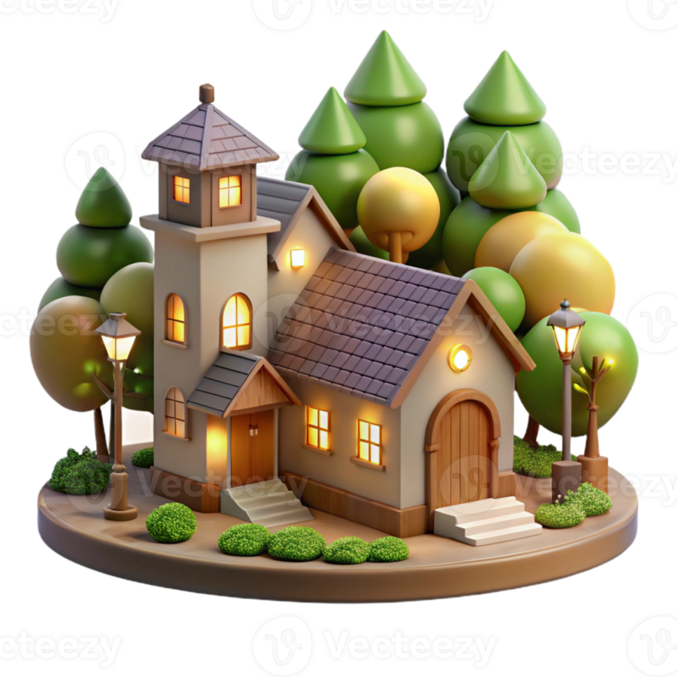 magnificent artistic Softly Lit Town Isolated Vespera Scene with Trees authentic png