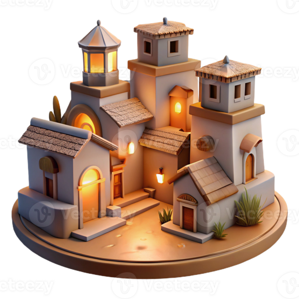 vibrant modern Softly Lit Vespera Village Cutout Twilight Scene Isolated high resolution png