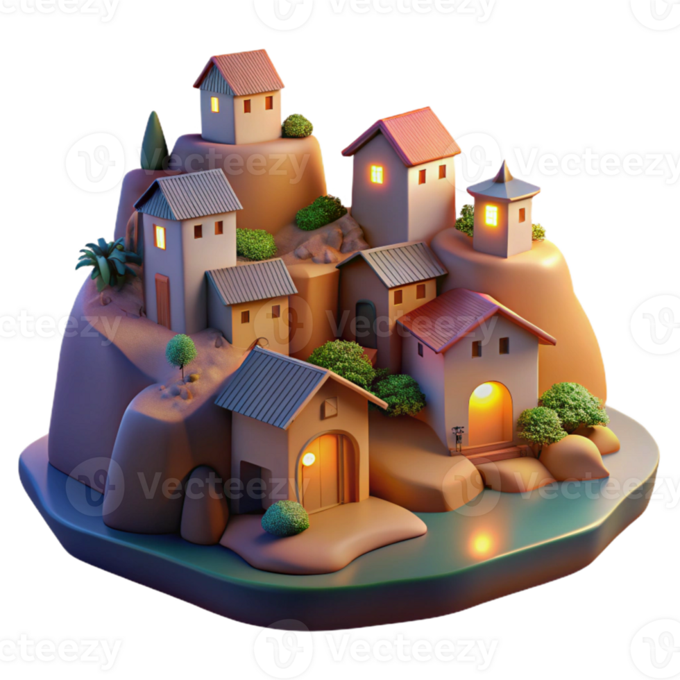 dramatic contemporary Softly Lit Vespera Village Cutout Twilight Scene Isolated high resolution png