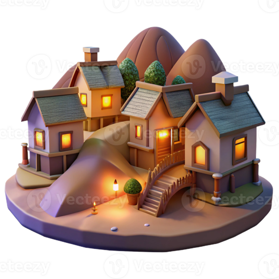 stunning rustic Softly Lit Village Cutout Twilight Hillside Vista Isolated authentic png