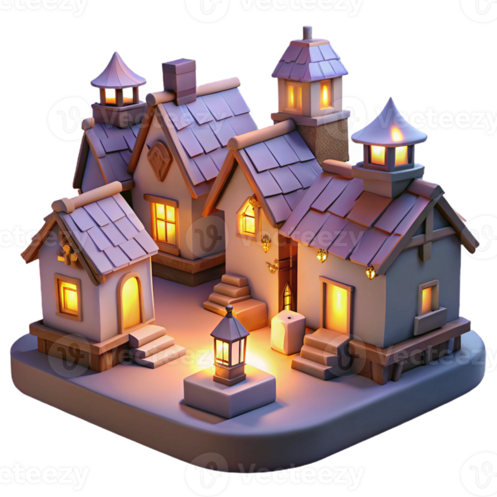 dramatic rustic Softly Lit Village Cutout Twilight Hillside Vista Isolated high resolution png