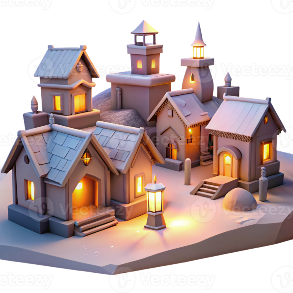 extraordinary contemporary Softly Lit Village Cutout Twilight Hillside Vista Isolated high quality png