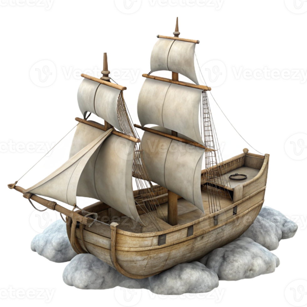 vibrant creative Solitary Sailing Ship Isolated Gray Cloudy Sky exclusive png