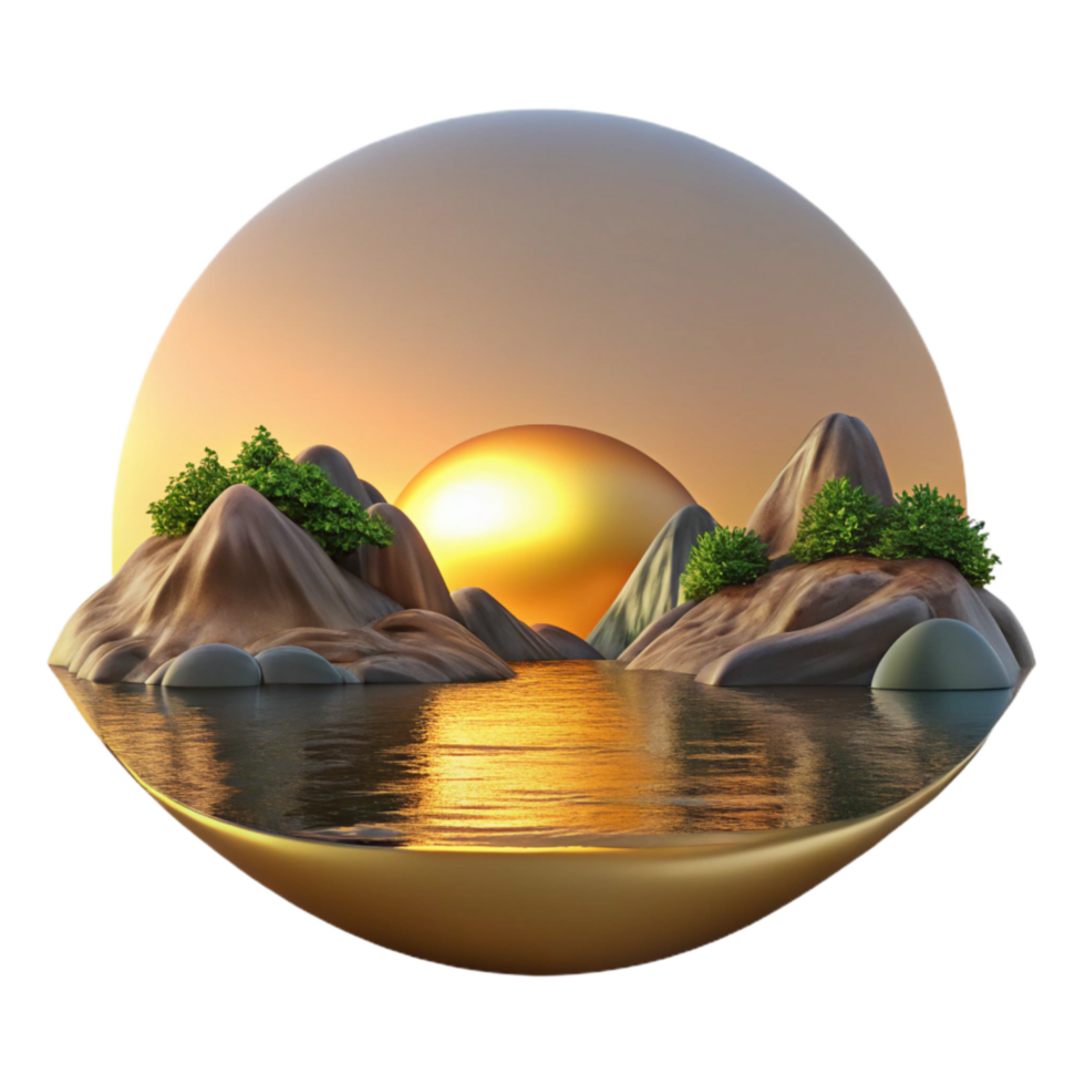 elegant creative Sunset Lake Scenery Isolated with Golden Light authentic png