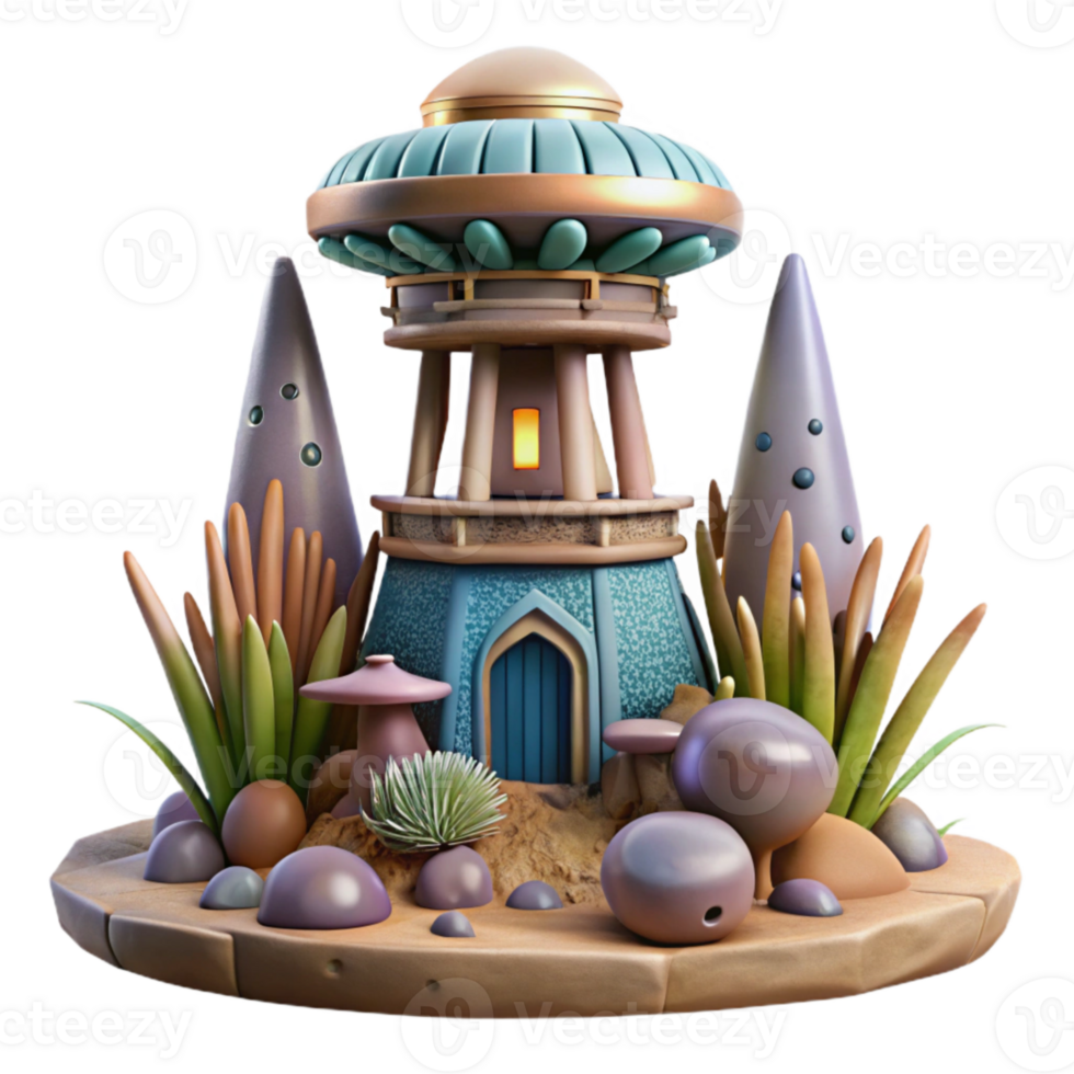 serene creative Terraform Tower and Alien Plants Isolated detailed png