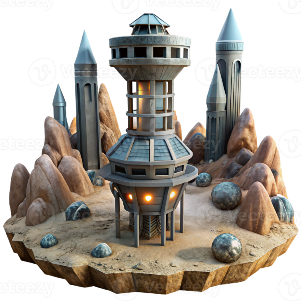 elegant minimalist Terraform Tower Group Cutout in Misty Alien Landscape professional png