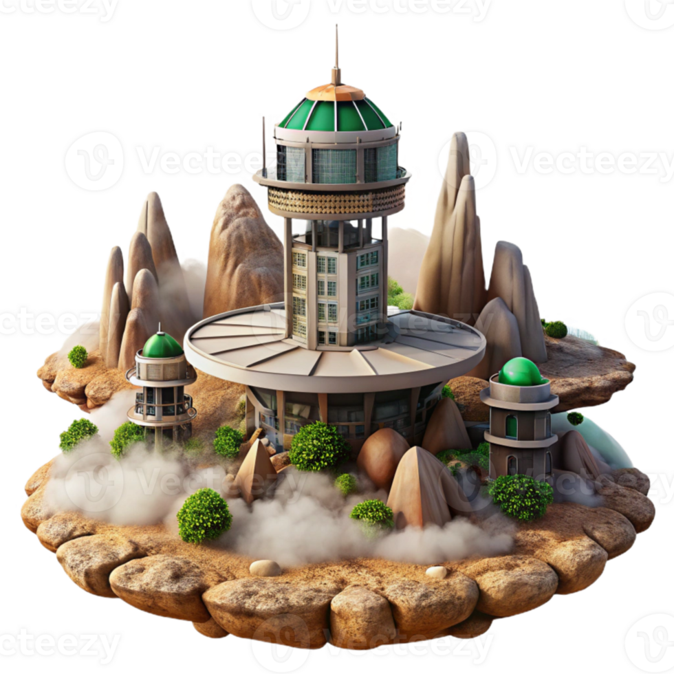 beautiful vintage Terraform Tower Group Cutout in Misty Alien Landscape exclusive png