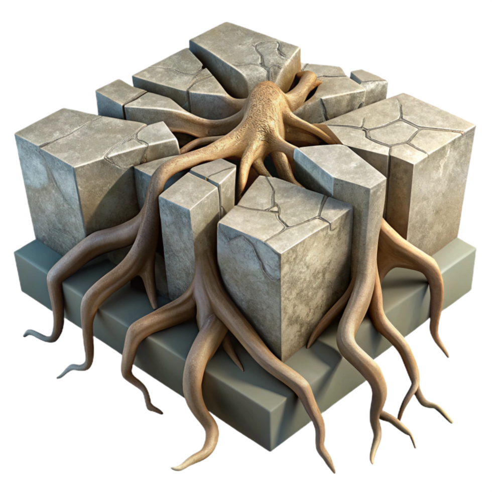 elegant abstract Tree Roots Splitting Concrete Isolated Natural Force high resolution png
