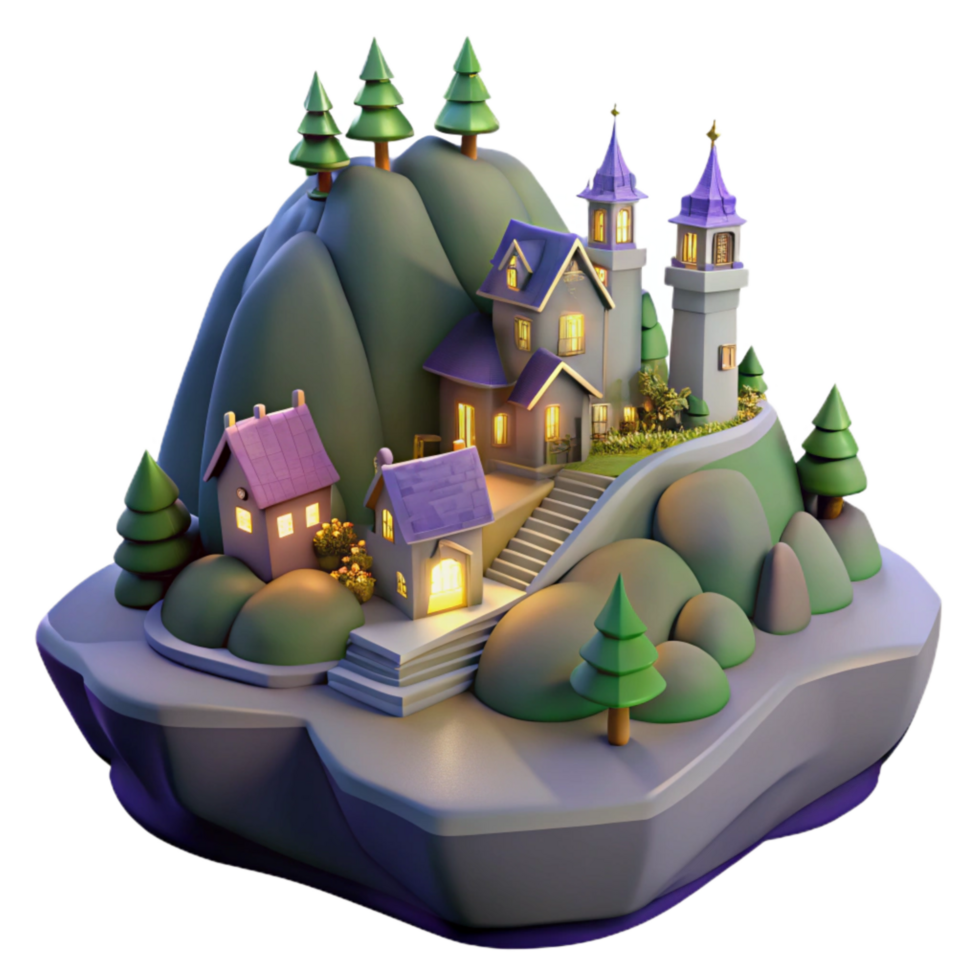 magnificent vintage Twilight Town Isolated Softly Lit Houses premium png