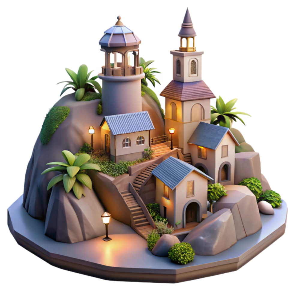 vibrant abstract Twilight Town Isolated Softly Lit Houses professional png