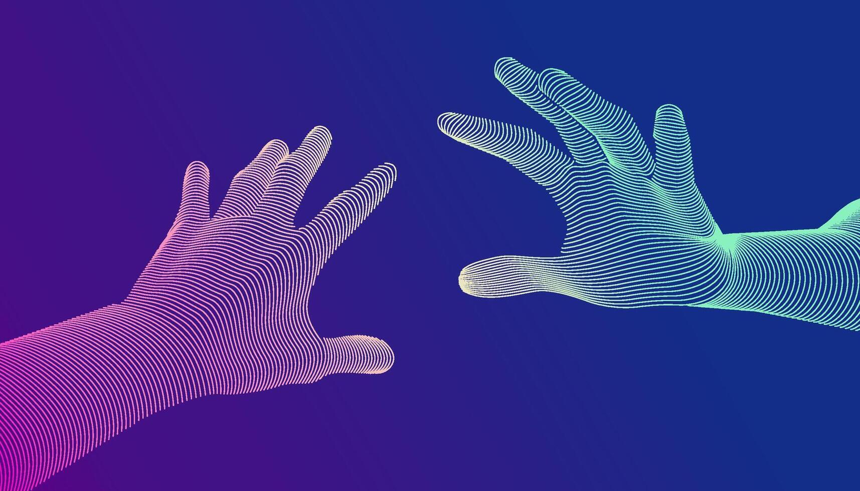 graphic of lined hand reaching to each other with blue purple background vector