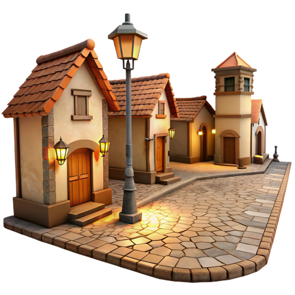 vibrant contemporary Vespera Town at Dusk Isolated Cutout with Warm Yellow Light detailed png
