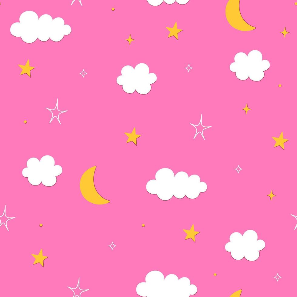 Simple seamless pattern with stars, moons and clouds on a pink background. graphics. vector